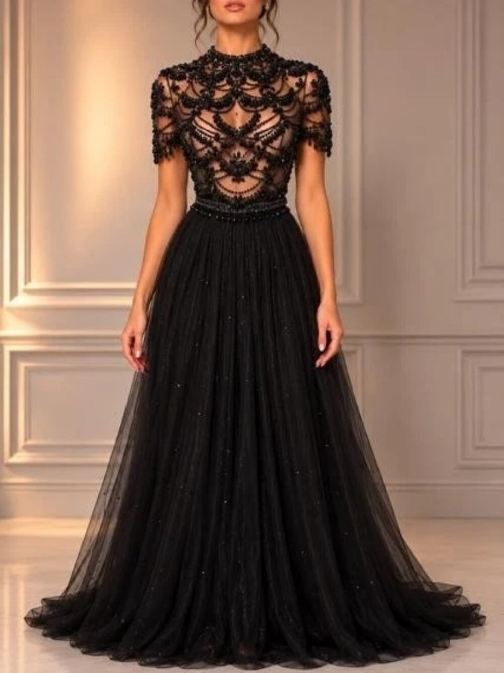 Sherri Hill Black Nude Beaded Bodice Mesh Rhinestone Skirt Ballgown